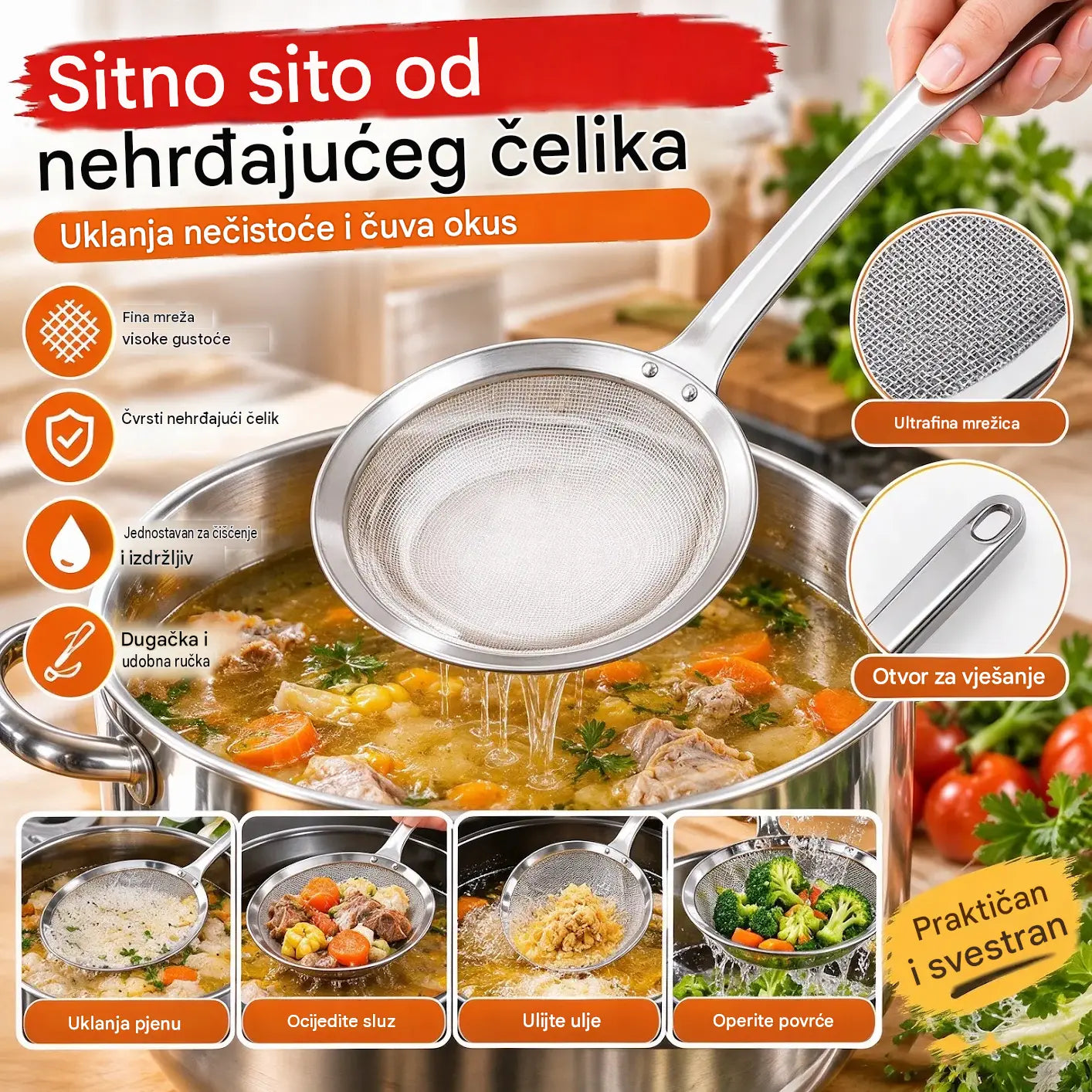 🍲 Set od 3 dijela 🍲 Žlica-cjedilo od nehrđajućeg čelika 304 | Lako filtrira pjenu i nečistoće!