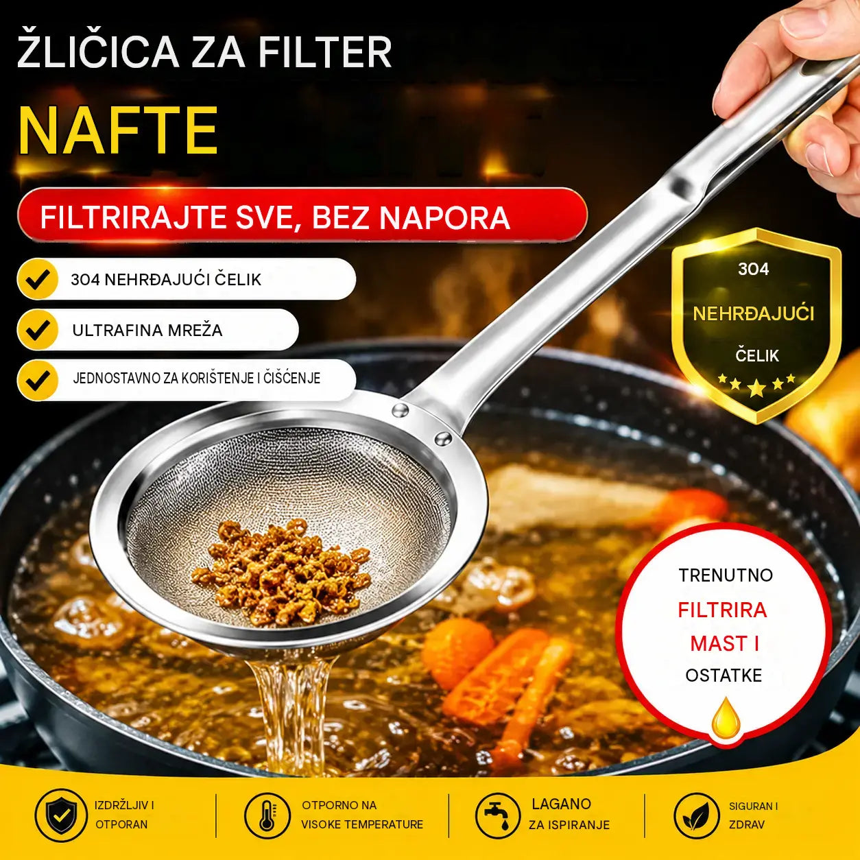 🍲 Set od 3 dijela 🍲 Žlica-cjedilo od nehrđajućeg čelika 304 | Lako filtrira pjenu i nečistoće!