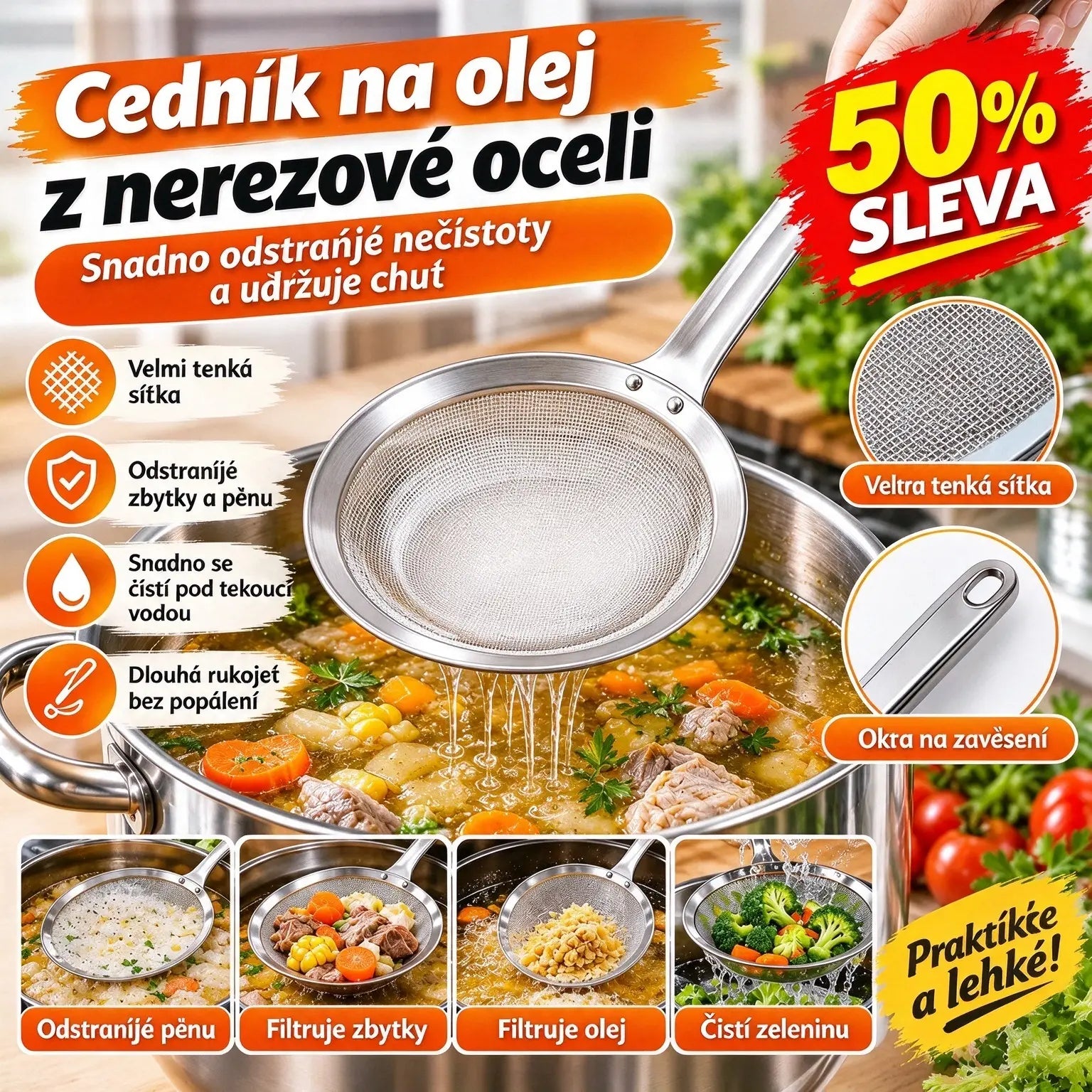 🍲 Sada 3 kusů 🍲 Cedníková lžíce z nerezové oceli 304 | Snadno odstraní pěnu a zbytky!
