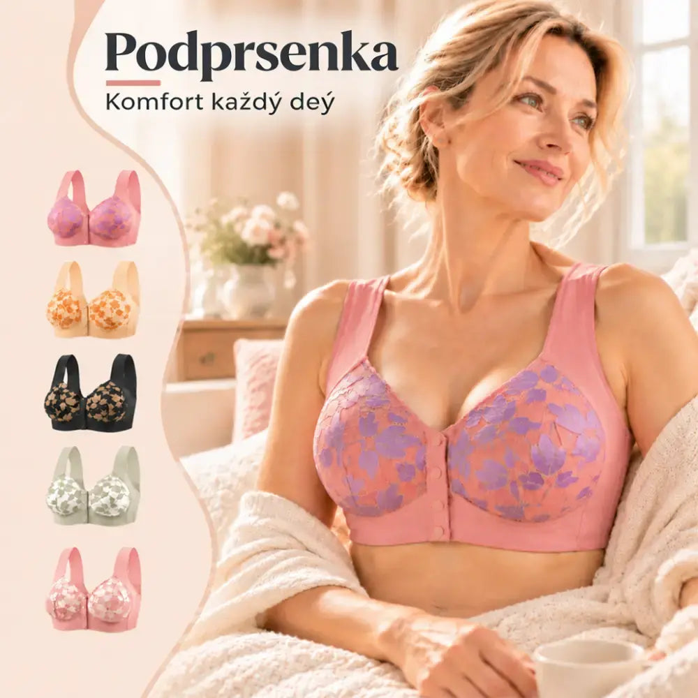 3 položky za 28 eur — Nová dámska podprsenka so zapínaním vpredu – má pevne všité vypchávky, je dostupná vo veľkých veľkostiach, poskytuje bočnú oporu a zabraňuje ovisnutiu; navrhnutá pre staršie ženy.